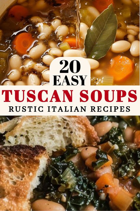 The image promotes "20 Easy Tuscan Soups: Rustic Italian Recipes." It features a wholesome Tuscan bean soup with white beans, carrots, and a bay leaf, showcasing a traditional and comforting dish. The second image highlights a hearty soup with kale, beans, and toasted bread, perfect for a rustic, cozy meal inspired by classic Italian flavors. Tuscan Vegetable Soup, Tuscan Soup Recipes, Healthy Comfort, Tuscan Soup, Creamy Recipes, Rustic Italian, Italian Soup, Vegetable Soup, Hearty Meals