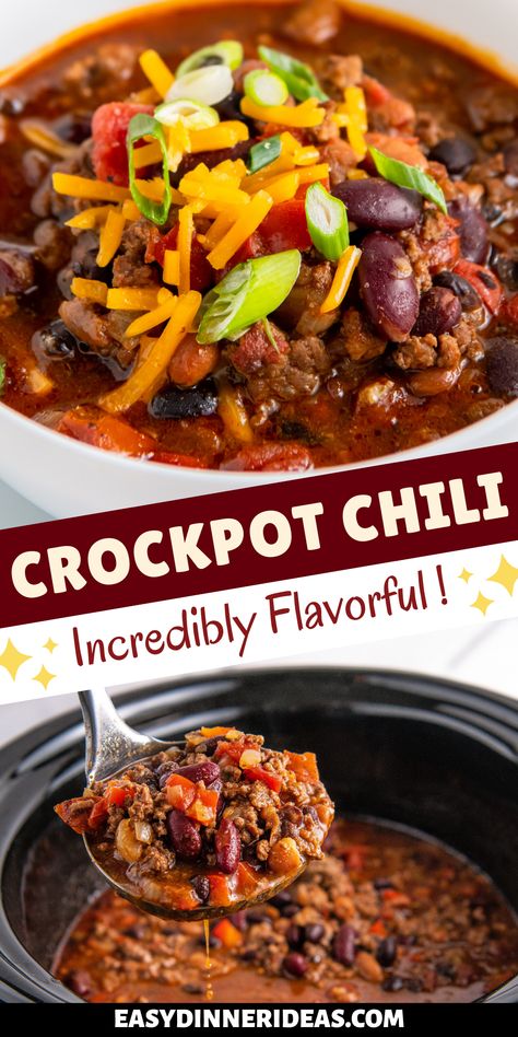 Hearty Crockpot Chili is a classic slow cooker recipe that everyone will love. It's loaded with lean ground beef, roasted tomatoes, and tons of beans. Add your favorite toppings for a simple dinner! Croc Pot Chili Slow Cooker Easy Recipes, Best Crock Pot Chili Recipe Award Winning, Crockpot Red Chili Beef, Red Chili Recipes Crock Pots, Crockpot Red Chili, Dried Bean Chili Crockpot, Six Sisters Chili Recipe, Sunday Chili Recipe, Best Crock Pot Chili Recipes