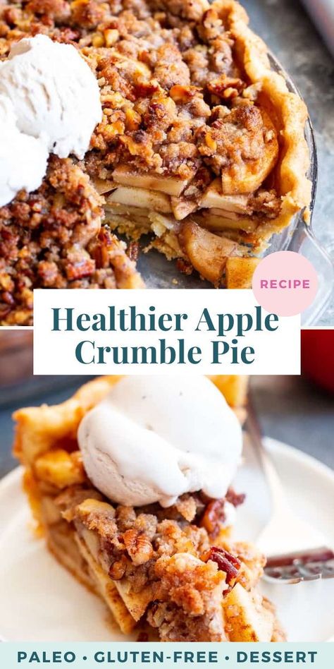 This gluten-free and Paleo Apple Crumble Pie starts with an easy grain free pie crust filling with gooey, juicy warmly spiced apples and a sweet crunchy crumble topping. It’s a showstopper for the holiday season and a fun anytime healthier dessert! Paleo Apple Crumble, Healthy Crumble, Homemade Apple Crumble, Apple Recipes Easy Healthy, Healthy Apple Crumble, Paleo Apple, Apple Pie Recipe Homemade, Healthy Apple Pie, Apple Recipes Healthy