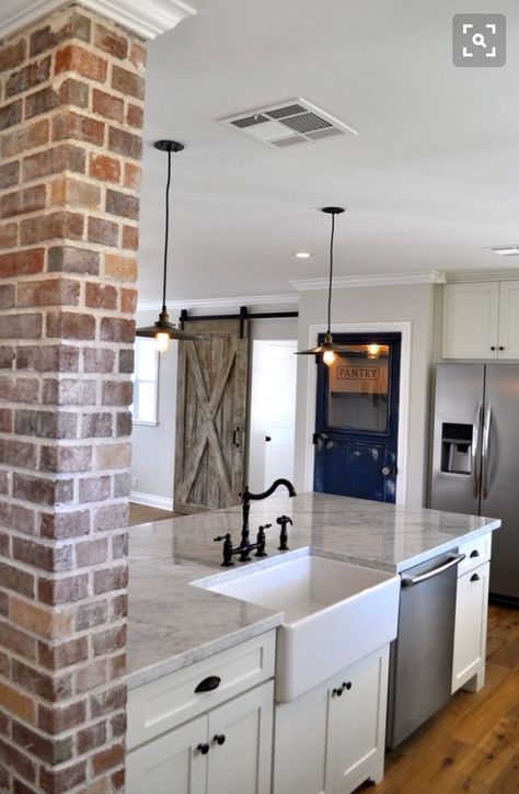 ORB faucet with farmhouse sink and counters Basement Master, Chicago Ideas, Brick Accent Wall, Mudroom Laundry, Kitchen Goals, Reclaimed Doors, Post Lighting, Faux Brick, Pantry Door