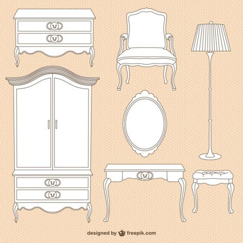 Vintage furniture illustrations Free Vector Interior Symbol, Wardrobe Sketch, Wardrobe Illustration, Furniture Illustration, Vintage Furniture Store, Furniture Design Table, Drawing Furniture, Furniture Sketch, Furniture Design Sketches