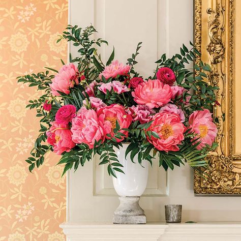 PeonyPartyMantelGBrooker_BP_1309_1x1 Peony Flower Arrangements, Gloriosa Lily, Flower Magazine, Pink Flower Arrangements, Peony Arrangement, Peonies Season, Peony Wallpaper, Garden Drawing, Parrot Tulips