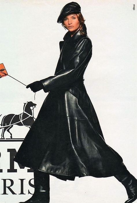 Helena Christensen for Hermes' 90's Michael Hutchence, Black Leather Coat, Long Leather Coat, Helena Christensen, Leather Trench Coat, Leather Design, Top Model, Leather Coat, 90s Fashion