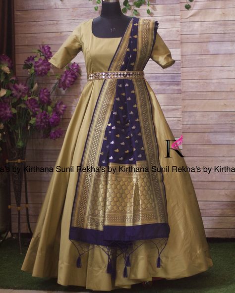 Silk Anarkali with Banaras Dupatta paired with mirror work belt Long Frocks With Belt, Traditional Long Frocks, Saree Frocks, Mirror Work Belt, Banaras Dupatta, Ethnic Gowns, Anarkali Dresses, Half Saree Lehenga, Silk Anarkali