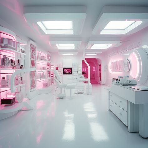 Pastel Futuristic Aesthetic, Science Lab Background, Office Futuristic, Pink Laboratory, Futuristic Home Design, Green Science, Cyberpunk Design, Cheerleading Hairstyles, Environment Props