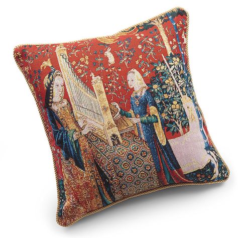 Lady & Unicorn Hearing Tapestry Cushion Woven Tapestry Wall Hangings, Unicorn Tapestries, Medieval Tapestry, Tapestry Cushion, Tapestry Pillow, Woven Tapestry, Linen Sofa, Tapestry Wall, Tapestry Weaving