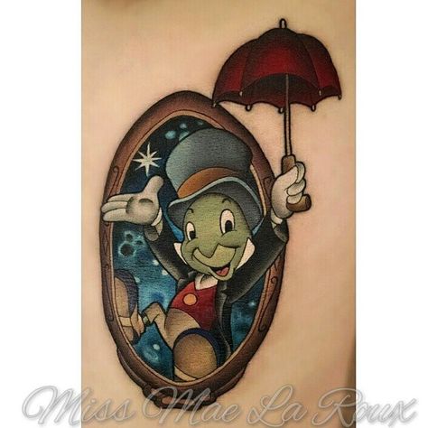 The adorable Jiminy Cricket done by @missmaelaroux #inkeddisney Jiminy Cricket Tattoo, Jiminy Cricket Quotes, Pinocchio Tattoo, Cricket Tattoo, Disney Sleeve Tattoos, Character Tattoos, Disney Sleeve, Jiminy Cricket, Disney Tattoo