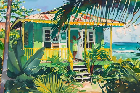 Caribbean House Print Green Painted Wooden Island House Grenada St Lucia Jamaica or Dominica by WestIndiesArtCo on Etsy Caribbean House, Case Creole, Wooden Island, Caribbean Homes, Magic House, House Print, Caribbean Art, Backyard Renovations, Human Figure Drawing