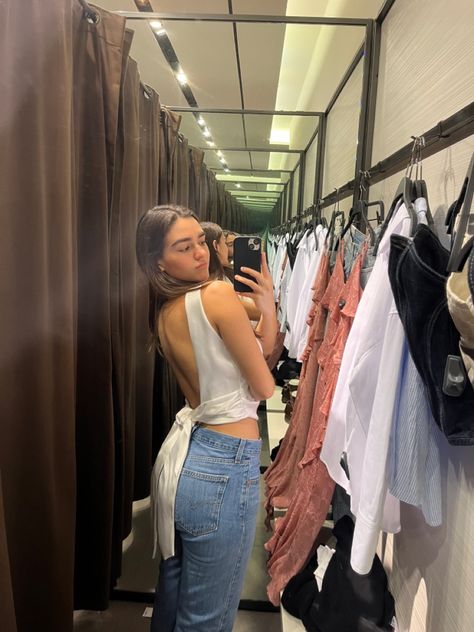 selfie backless shirt selfie dressing room levis outfit inspo zara trying on haul white satin top iphone teenage girl vanilla asthetic shopping day Zara Backless Top, Backless Top Aesthetic, Zara One-shoulder Top For Day Out, Shirt Mirror Selfie, White Zara Crop Top For Day Out, Dressing Room Selfie Mirror Outfit, White Backless Top, Zara V-neck Tank Top For Day Out, Zara Aesthetic