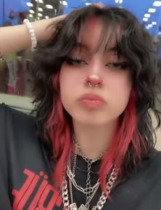 Aesthetic Hair Medium Length, Emo Hair Color Short, Under Hair Dye Wolfcut, Wolfcut Short Dyed, Wolfcut With Dyed Hair, Black Hair With Red Underneath Wolfcut, Hair Color Ideas Mullets, Low Maintenance Alternative Hair, Dyed Wolfcut Hair