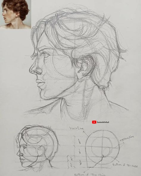 I actually recorded the video process of this study and it will be available on YouTube link in bio🤝. Portrait Study Sketches, Head Study Reference, Face Structure Drawing, Anatomy Proportions, Planes Of The Head, Rainy Day Drawing, Portrait Drawing Tips, Study Drawing, Facial Anatomy