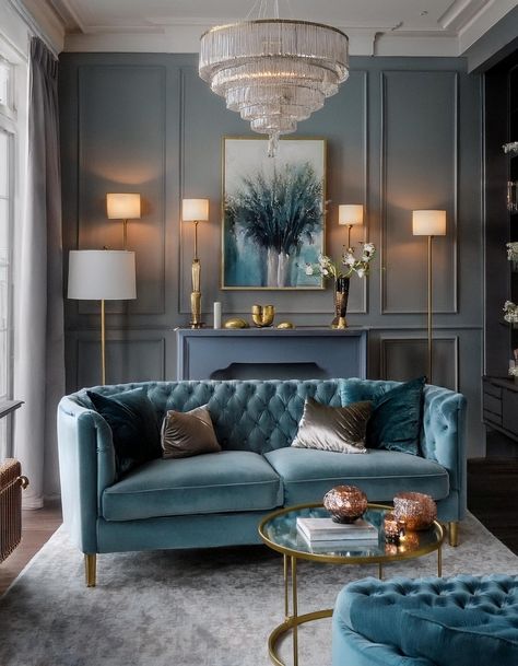 Light Blue Velvet Sofa with Luxe Accents Light Blue Velvet Sofa Living Room Ideas, Light Blue Couch Decor, Light Blue Velvet Sofa Living Room, Pale Blue Sofa Living Room, Blue Sofa Living Room Ideas Color Palettes, Blue Velvet Couch Living Room, Light Blue Sofa Living Room Ideas, Light Blue Living Room Ideas, Light Blue Velvet Sofa