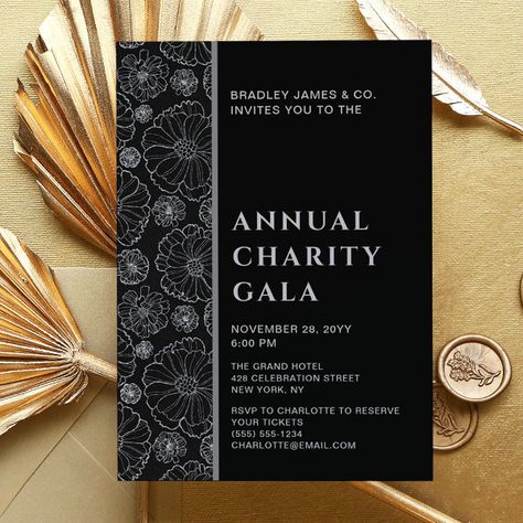 Elegant Black Botanical Charity Event Gala Party Invitation Christmas Invitation Card, Christmas Place Cards, Chic Invitation, Gala Party, Event Invitations, Christmas Pregnancy Announcement, Charity Events, Holiday Party Invitations, Charity Event