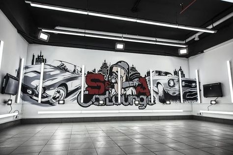 Garage Mural Ideas, Detailing Garage Ideas, Graffiti Garage, Car Detail Shop, Garage Graffiti, Workshop Cafe, Graffiti Car, Cars Mural, Barbershop Design Interior