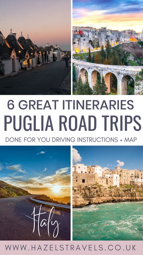 6 amazing itineraries for Puglia in Italy = four photos of puglia in the photo Puglia Road Trip Map, Puglia Road Trip, South Italy Itinerary, Sicily Trip, Italy Tourist Attractions, Italy Road, Driving Instructions, South Italy, Road Trip Map