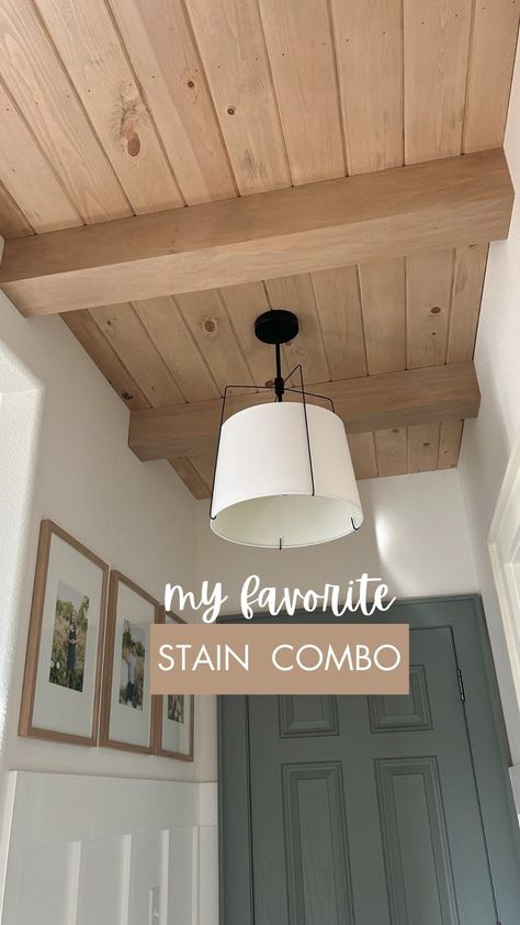 Paige Bower | Budget DIY + Custom Carpentry + Design | My go-to stain combo that works every time! One thing I do before even getting started on staining: sand the wood I’m working on. Sanding… | Instagram Mixed Stains On Wood, Light Wood Baseboards And Trim, Mudroom Wood Ceiling, Wood Ceiling Colors, Best Minwax Stain Color, Colors That Go With Natural Wood, Pale Oak Wainscoting, Studio Mcgee Wood Stain Colors, Best Wood Stain Color For Pine