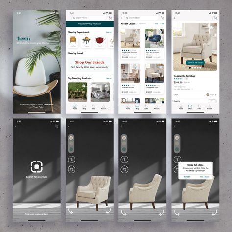 Furniture Mobile App Design, Ar Furniture App, Augmented Reality Design, Furniture App Design, Mobile Furniture, Ui Ux Design Trends, Web App Ui Design, Augmented Reality Apps, Ux Design Portfolio