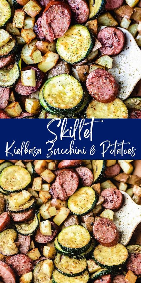 Skillet Kielbasa Zucchini and Potatoes - I Heart Eating Sausage Potato Zucchini Skillet, Dinner Kielbasa Recipes, Dinners With Smoked Sausage Kielbasa, Skillet Sausage And Zucchini, Kielbasa And Zucchini Sheet Pan, Smoked Sausage And Veggies Skillet, Cheap Healthy Quick Meals, Zucchini And Kielbasa Recipes, Zucchini Kielbasa Recipes