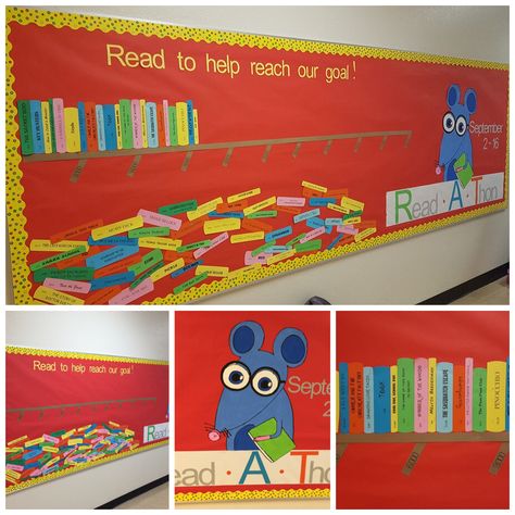 Read-a-thon Bulletin board. As money is earned, books are put on the shelf. Reading Tracking Bulletin Board, Read A Thon Fundraiser Bulletin Boards, Ar Bulletin Board Ideas Accelerated Reader, Reading Competition Bulletin Boards, Reading Tracker Bulletin Board, Book Shelf Bulletin Board, Reading Challenge Bulletin Board, Reading Goal Bulletin Board, Read A Thon Fundraiser