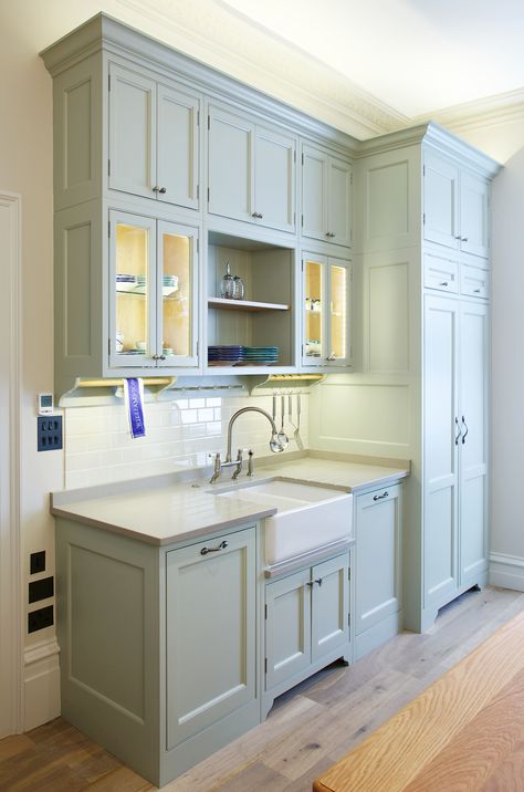 Charlie Kingham No. 32 Kitchen | Authentically Bespoke Shaker Style Cabinets and traditional Kitchen Design and Interior Design. Butler Sink, Perrin & Rowe Taps and classic hand painted cabinets. Shaker Style Kitchens Pale Blue, Farrow And Ball Mizzle Kitchen Cabinets, Mizzle Kitchen Cabinets, Mizzle Farrow And Ball Kitchens, Farrow And Ball Mizzle Kitchen, Mizzle Kitchen, Mizzle Farrow And Ball, Oak Shaker Kitchen, Small Kitchen Decor Ideas