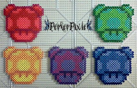 Gummy bear mushrooms by Perler Pixie Mushroom Perler, Perler Bead Mario, Hama Art, Melty Bead Patterns, Easy Perler Beads Ideas, Fuse Bead Patterns, Perler Bead Templates, Hama Bead, Bead Sprite