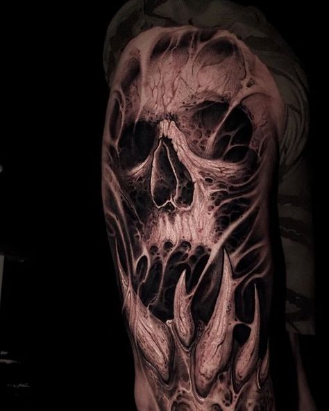 Disturbed Tattoo, Gargoyle Tattoo Design, Dark Skull Tattoo, Skull Tattoo On Hand, Cthulhu Tattoo, Darkside Tattoo, Flesh Tattoo, Gargoyle Tattoo, Bio Organic Tattoo