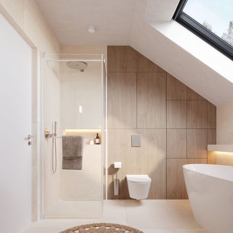 Bathroom With Rooflight, Slanted Ceiling Ensuite, Bathroom Ideas Attic, Sloped Wall Bathroom, Loft Bathroom Ideas, Sloped Ceiling Bathroom, Bathroom Attic, Attic Bathroom Ideas, Bathroom Interior Design Modern