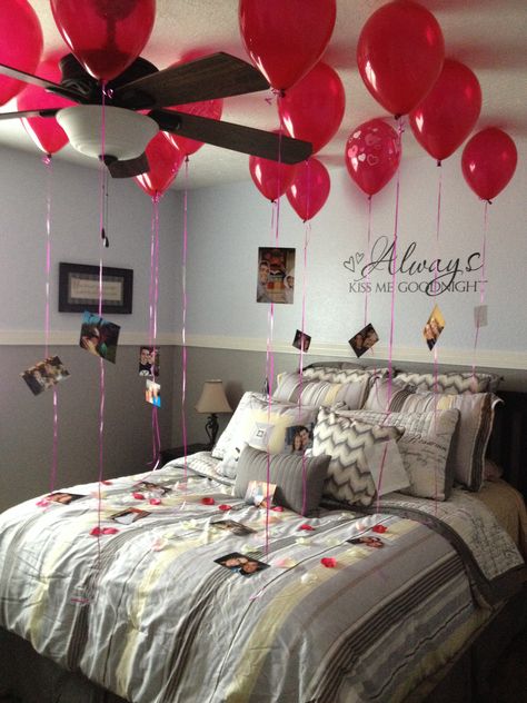 14 balloons. Each one has a picture of us and the memory behind it. I found everything at zurchers! #valentinesday #ideasforhim #bedroomdecorated #balloons #memories Ballon With Pictures Attached, Pictures On Balloon Strings, Balloon With Pictures Hanging, Pictures Hanging From Balloons, Balloons With Pictures Attached, Birthday Room Surprise, Balloon Room, Romantic Dinner Decoration, 40 Balloons