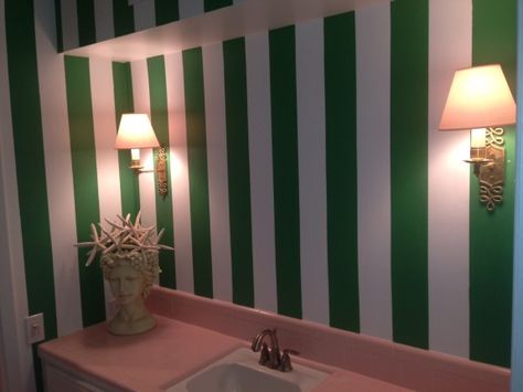 Loft Apartment Bedroom, Pink Striped Walls, Striped Bathroom, Master Bath Suite, Bathroom Cabinet Colors, Pink Tile, Stripe Wall, Beige Tile, Investing 101