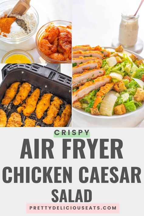 This Crispy Cajun Caesar Salad recipe is Amazing! It's LOADED with Spicy Air Fryer Chicken Tenders, a EASY Homemade Caesar Dressing and paired with crisp romaine lettuce, Parmesan cheese and delicious croutons! It makes such a delicious lunch or dinner salad! Spicy Air Fryer Chicken, Air Fryer Crispy Chicken, Air Fryer Recipes Uk, Homemade Dressing Recipe, Chicken Caesar Salad Wraps, Homemade Caesar Dressing, Chicken Caesar Salad Recipe, Homemade Caesar, Great Salad Recipes