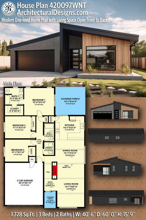 House Plan 420097WNT gives you 1700 square feet of living space with 3 bedrooms and 2 baths 2 Bed Modern House Plan, Modern Cheap House Design, Modern One Floor House Design, 3 Bedroom Two Bath House Plans, Modern House Plan 3 Bedroom, Three Bedroom All Ensuite House Plan, 3 Bedroom Home Design, Modern House And Floor Plan, 3 Bedroom One Floor House Plans