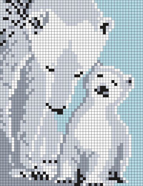 Mom_and_Baby_Polar_Bears_(sq) by Maninthebook on Kandi Patterns Crochet C2c Pattern, Pixel Quilting, Modele Pixel Art, Baby Polar Bears, Corner To Corner Crochet, Square Grid, Easy Pixel Art, Kandi Patterns, Hama Beads Patterns