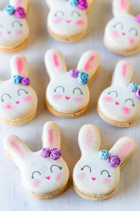 Bunny Macarons plus a free bunny template #macarons #swiss #bunny #easter #frenchmacarons #swissmacarons #cookies Cute Macaron Designs, Easter Macarons Ideas, Rabbit Macarons, Goth Desserts, Groot Cookies, Free Bunny Template, Easter Macaroons, Bunny Macarons, Easter Macarons