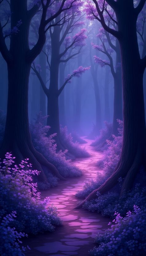 A breathtaking depiction of a mystical enchanted forest enveloped in a captivating purple aura, where ethereal trees intertwine with delicate luminescent plants. The light filters through the foliage, casting enchanting shadows and highlighting the serene pathways. This 4K quality image is perfect for anime nature enthusiasts. Enchanted Forest Purple, Purple Enchanted Forest, Fairy Core Aesthetic, Anime Nature, Purple Forest, Purple Aura, Light Filters, Mystical Forest, Misty Forest