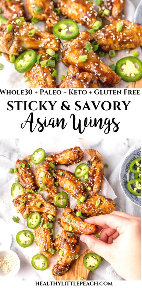 Asian Sticky Chicken, Sticky Asian Chicken Wings, Sticky Asian Chicken, Asian Wings, Asian Chicken Wings, Sticky Chicken Wings, Paleo Appetizers, Whole30 Keto, Sticky Chicken