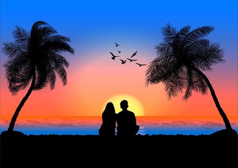 graphics image A couple man and women sitting look at sunset on the beach design vector illustration Beach Wedding Drawing, Beach Wedding Illustration, Couple Sunset Painting, Couple On Beach Painting, Drawing Ideas Sunset, Romantic Sunset Painting, Couples At The Beach, Romantic Paintings Couple, Hindi Project