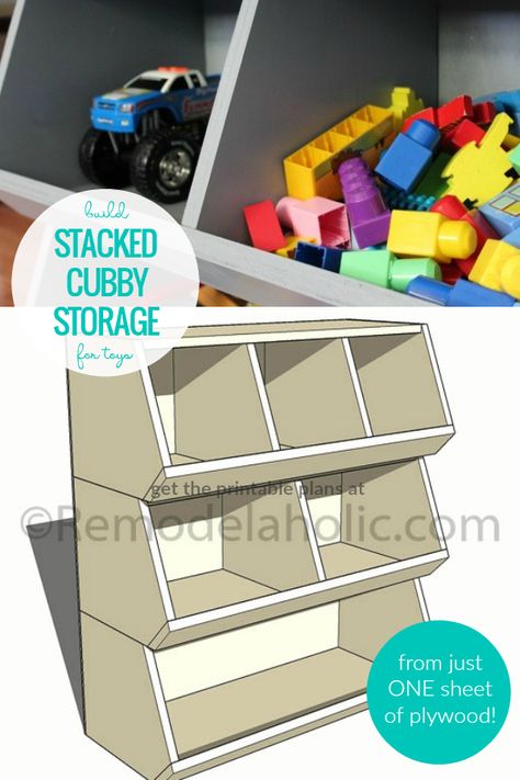 Build a stacked cubby storage toy organizer to keep toys tidy! This easy beginner build takes just one sheet of plywood and a few hours. Organize toys, blocks, books, dolls, trucks, and more in a kids' room, play room, family room, or craft room. Printable woodworking plans, instant download. #remodelaholic #beginnerwoodworking #woodworkingplans #toystorage  #kids Diy Cubby Storage, Diy Cubbies Storage, Diy Cubby, Jesse Turner, Toy Organization Diy, Toy Storage Shelves, Storage For Toys, Boys Room Diy, Organize Toys