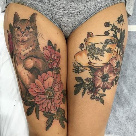 Neo Traditional Tattoo Design, Teacup Tattoo, Tattoo People, Tattoo Traditional, Cat Tattoo Designs, Geniale Tattoos, Traditional Tattoo Design, Thigh Tattoos Women, Neo Traditional