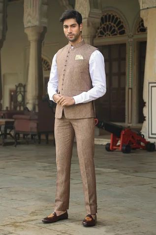 Shop for Raw and Rustic by Niti Bothra Brown Lea Linen Solid Bundi And Pant Set for Men Online at Aza Fashions Linen Jackets For Men, Pant Shirt With Nehru Jacket, Nehru Jacket For Men Wedding, Brown Shirt Men, Coat Pant For Men Suits Wedding, Niti Bothra, Coat Pant For Men, Linen Suits For Men, Jodhpuri Suits For Men