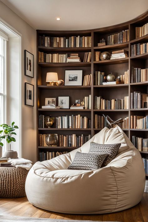 Home library corner with giant bean bag chair in a cream and brown color scheme. Dream Library Cozy, Dream Library Cozy Reading Room, Ideas For A Book, Small Library Room, Small Home Library Ideas, Library Room Ideas, Library Design Ideas, Cozy Reading Room, Reading Room Design