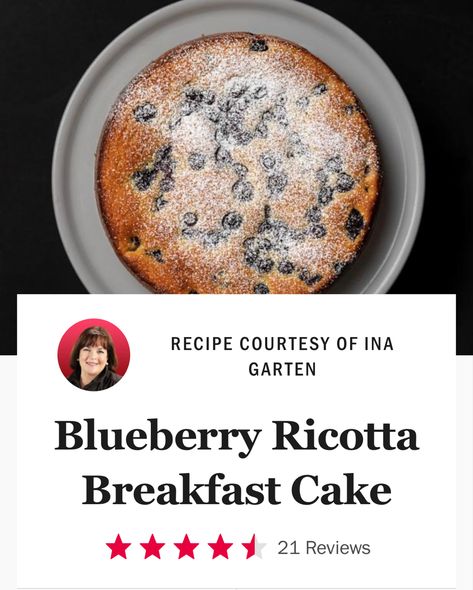 Blueberry Ricotta Breakfast Cake Ina, Blueberry Ricotta Breakfast Cake Ina Garten, Ina Garten Blueberry Ricotta Cake, Blueberry Ricotta Breakfast Cake, Ricotta Breakfast Cake, Ricotta Breakfast, Blueberry Ricotta, Breakfast Cake Recipes, Packed Breakfast