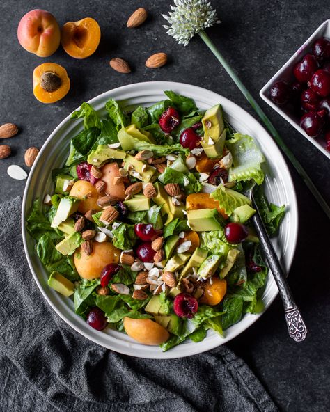 Apricot Cherry Salad - Seasonal, and perfectly paired produce! Apricot Salad, Cherry Salad, Cherries Salad, Romaine Lettuce Salad, Olive Oil And Vinegar, Lettuce Salad, Garden Recipes, Summer Salad, Salad Dressing Recipes