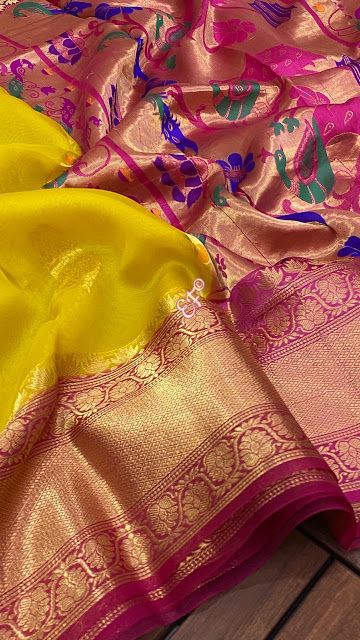 Kanchi organza sarees with pithani pallu | ElegantFahionWear Kanchi Organza Sarees, Bride Reception Dresses, Red Stone Necklace, Reception Dresses, Paithani Saree, Elegant Fashion Wear, Sarees Silk, Organza Sarees, Kanjivaram Sarees