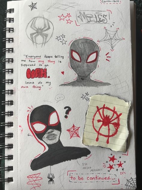 Miles Morales Doodle Art, Miles Morales Painting Easy, Miles Morales Notebook, Into The Spiderverse Sketchbook, Spider Man Into The Spiderverse Drawings, Miles Morales Sketchbook Pages, Miles Morales Spiderman Sketch, Into The Spiderverse Sketch, Spiderman Sketchbook Ideas