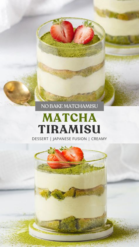 Matcha tiramisu layered in a rocks glass from straight on and three quarter angle. Green Tea Tiramisu, Matcha Tres Leches Cake, Tea Flavored Desserts, Macha Tiramisu, Pretty Tiramisu, Ladyfingers Recipe Desserts, Matcha Deserts, Tiramisu Flavors, Matcha Treats