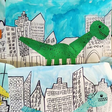 elementary art with mrs. kay on Instagram: "🦖1st grade If Dinosaurs Came Back. 🦕
Super impressed with their cityscapes! 
This is an old lesson from @artprojectsforkids" If The Dinosaurs Came Back, First Grade Art, Art Fundraiser, Kindergarten Art Lessons, 2nd Grade Art, 3rd Grade Art, Elementary Art Projects, Kindergarten Art, Dinosaur Art