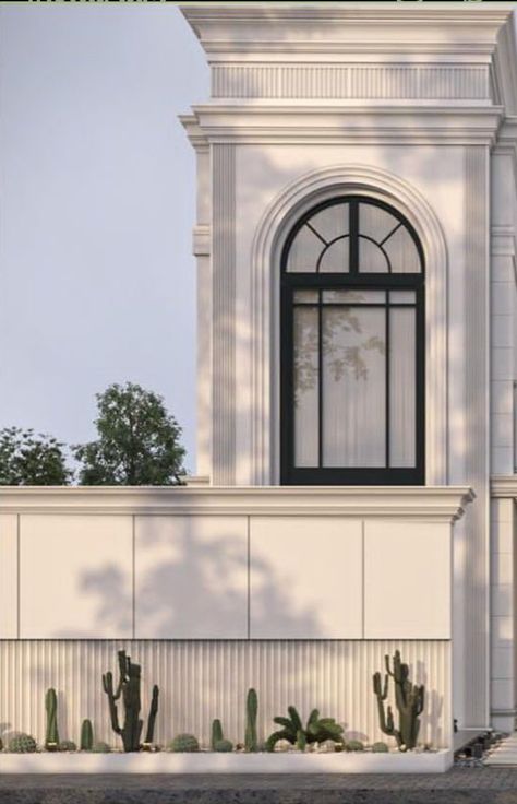 Boundary Wall Design Classical, Neo Classical Building Elevation, French Elevation Design, Modern Classic Building Facade, Neo Classical Boundary Wall, Classical Exterior Elevation, Boundary Wall Design Exterior Classic, Neoclassical Exterior Design, Neoclassical Elevation