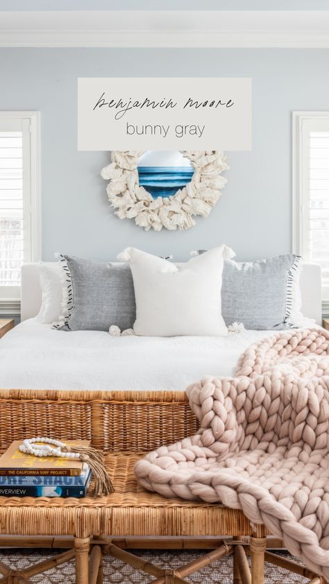 Benjamin Moore Bunny Gray, Beach Style Bedroom, Coastal Interiors Design, Light Grey Walls, Coastal Bedrooms, Coastal Bedroom, Primary Bedroom, Coastal Interiors, Modern Coastal