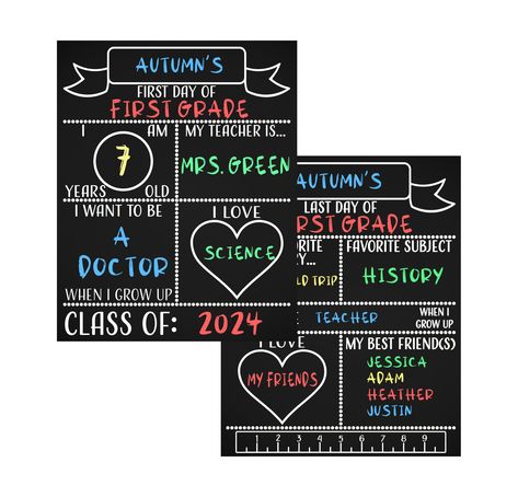 PRICES MAY VARY. Description: This is 1 wood chalkboard sign with headings printed on both sides. First day of school on the front & last day of school on the back. This double-sided board measures 11.5 x 14.5 inches. Cleaning Care & Use: To reuse, gently wipe down with a damp cloth immediately after use to avoid ghosting. This board is reusable and chalk or chalk markers can be used. Chalk design tip: To achieve a more solid, vibrant, smooth design, dip the tip of the chalk in water before use. Milestone Chalkboard, Back To School Sign, Chalk Design, School Chalkboard, Love My Best Friend, Favorite Subject, Chalkboard Sign, Chalk Markers, School Posters