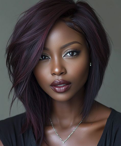 Sleek Mahogany Red Asymmetrical Bob for Black Women Fall Hair: Power Look 💼 Black Inverted Bob, Black Women Over 40 Hairstyles, Mid Length Weave Black Women, Chocolate Bob Black Women, Black Hair With Colored Bangs, Cinnamon Hair Color On Black Women, Dyed Hair For Black Women, Medium Length Bob Haircut, Bobs On Black Women Real Hair